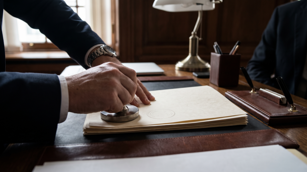 Notary certifying a legal agency contract document with an official seal