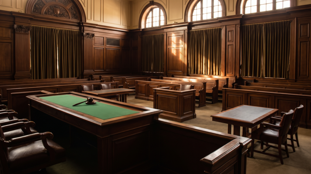 Empty formal courtroom representing UAE commercial agency legal dispute resolution