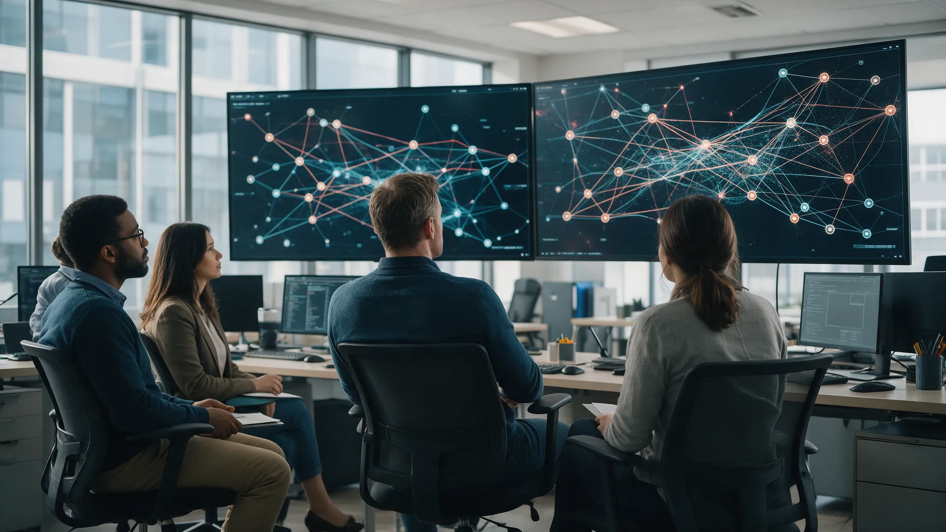 Incident response team reviewing a data breach in an office war room