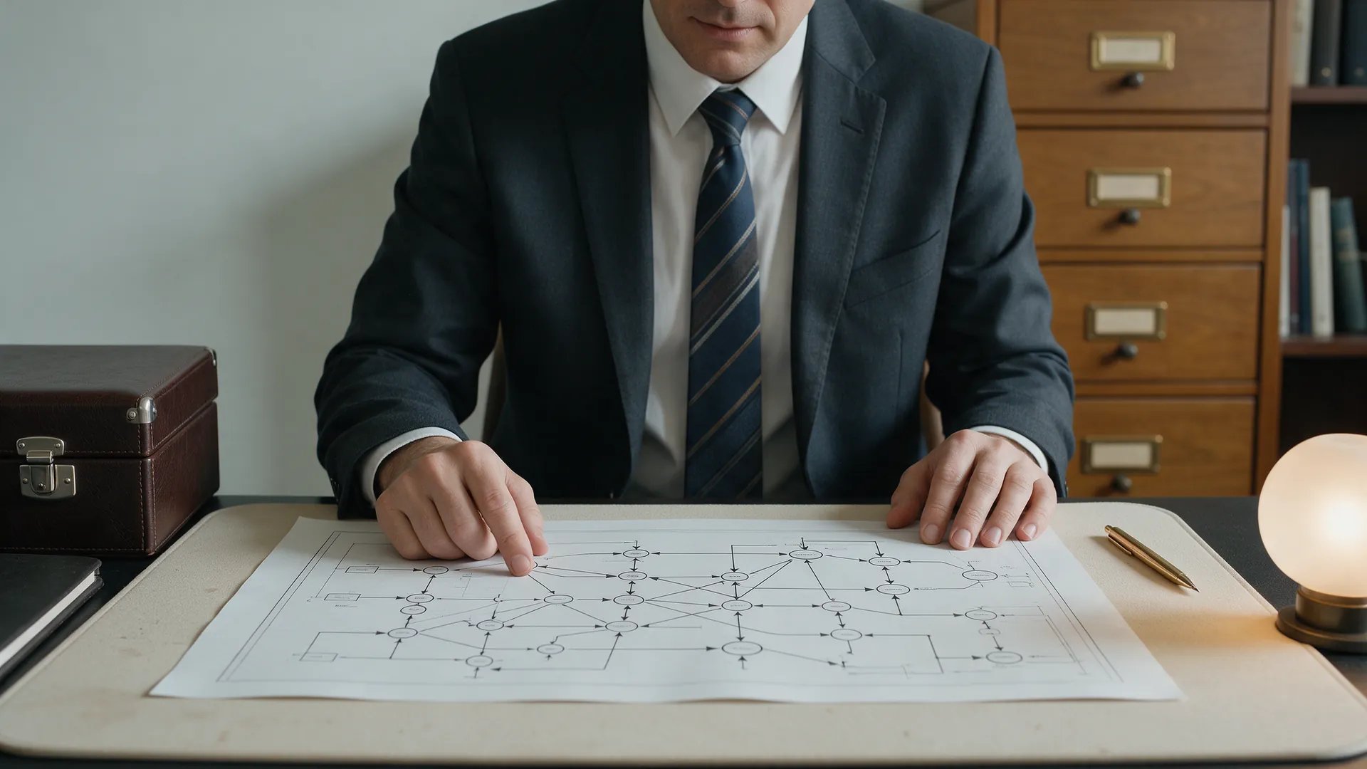 Compliance officer reviewing a printed data flow diagram