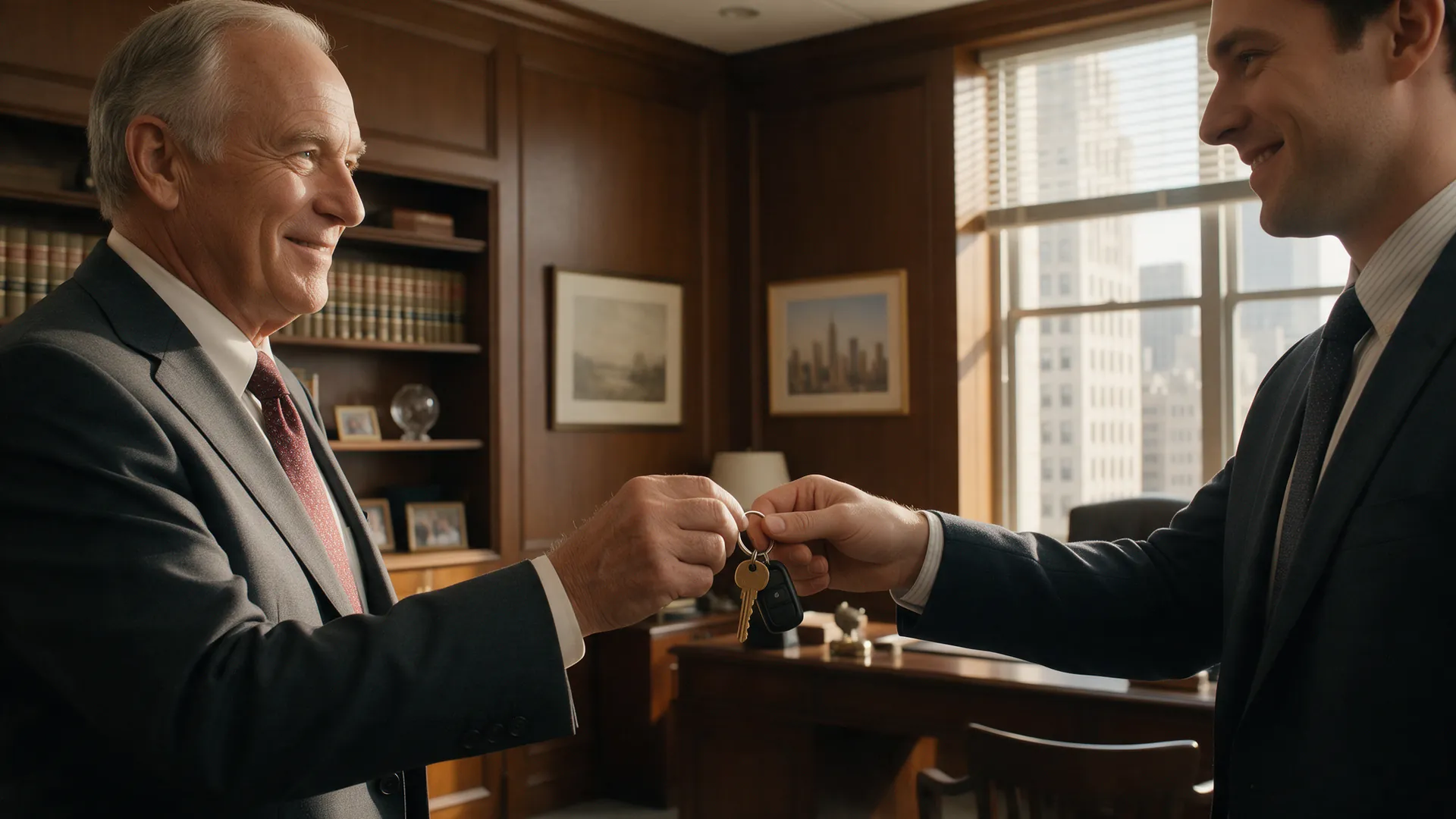 Older business owner handing over office keys to a younger successor