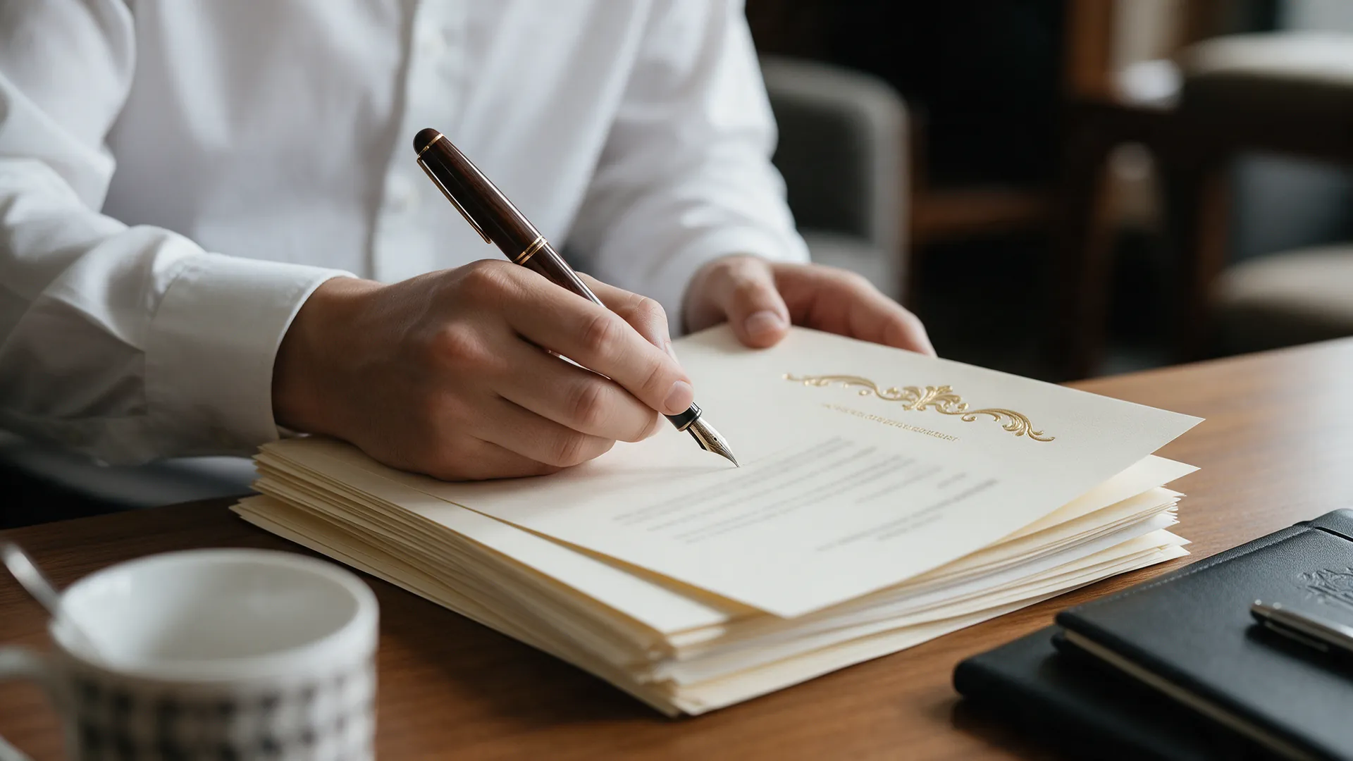Lawyer drafting a formal governance charter document with a fountain pen