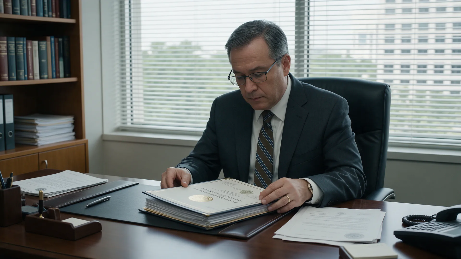 Government procurement officer reviewing a supplier certification file