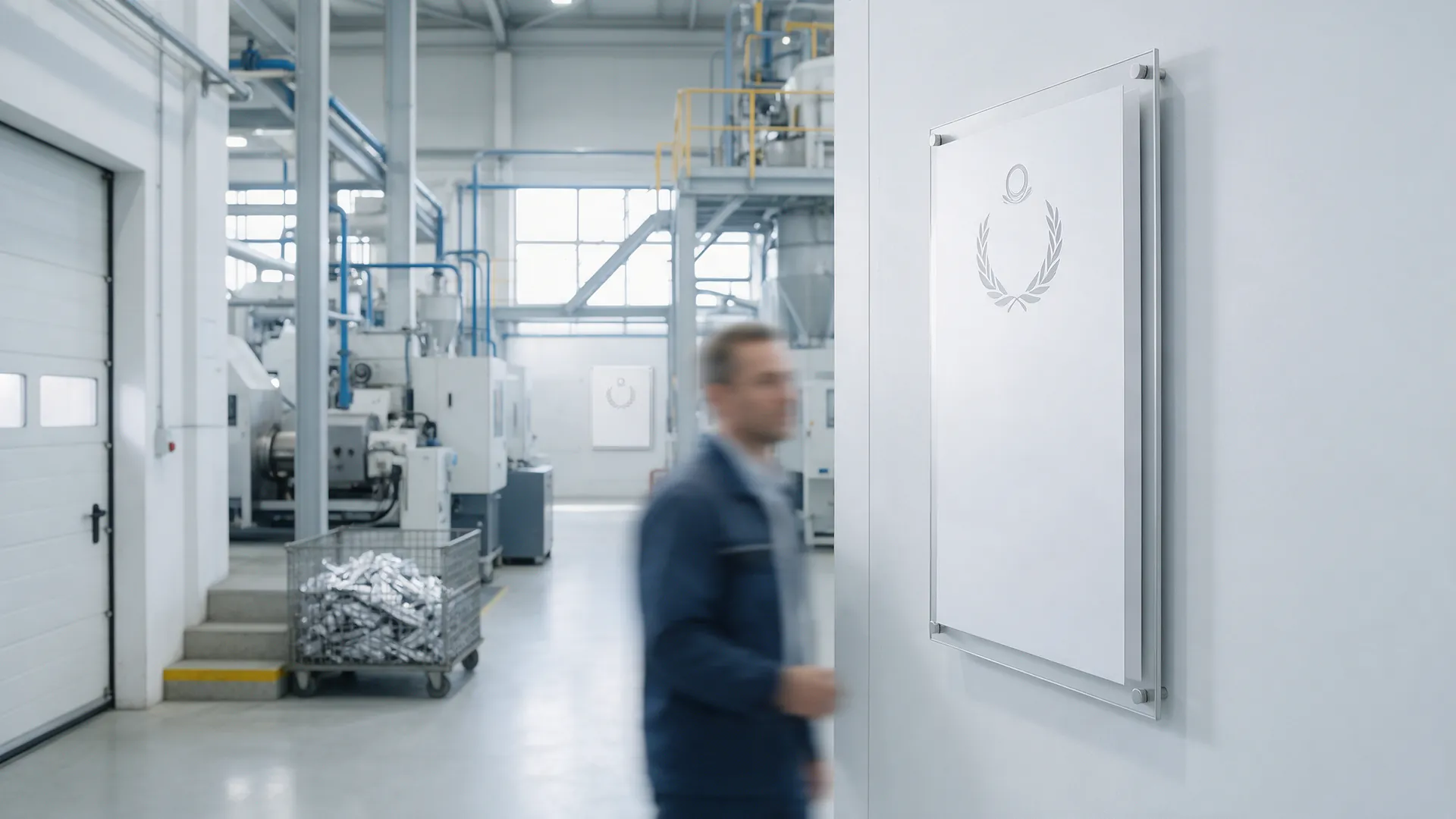 Factory manager standing near a certification plaque in an industrial facility