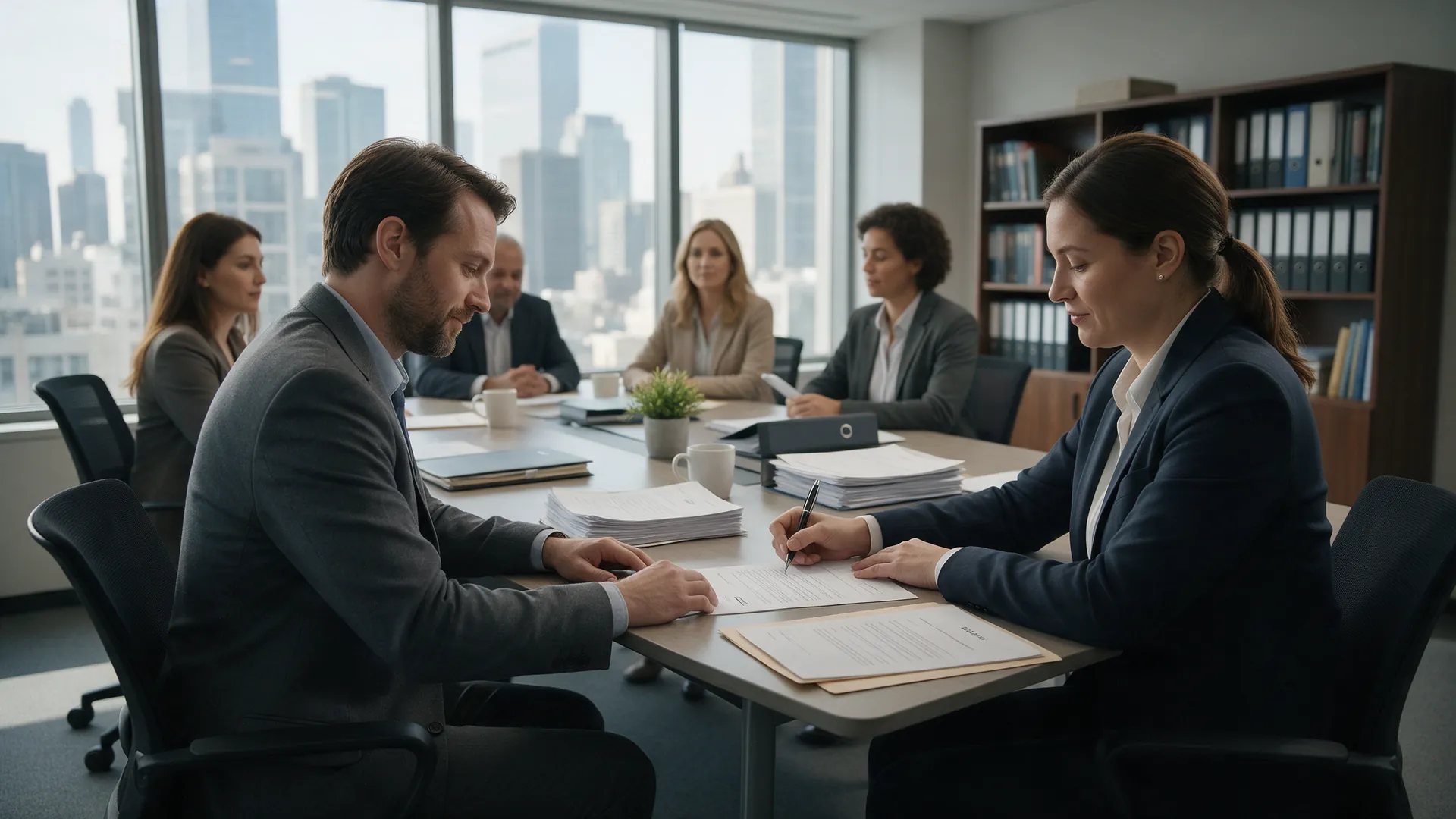 Employee signing exit paperwork during a departure meeting
