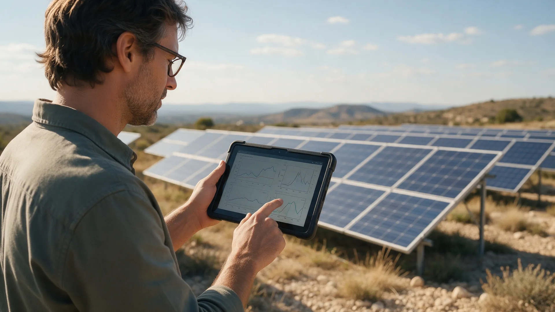 Climate scientist analyzing environmental data outdoors near solar panels
