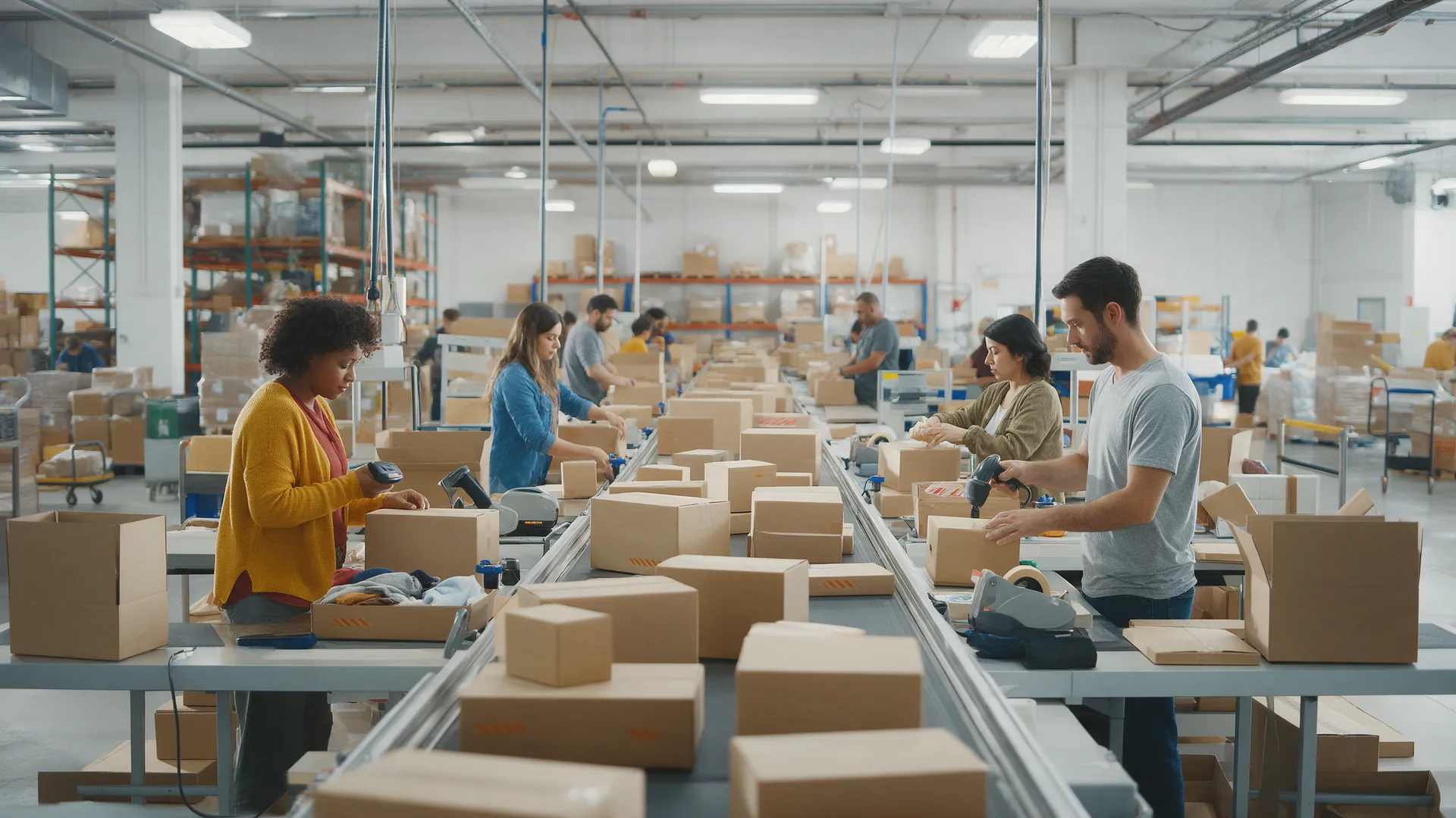 Workers packing orders on a fulfillment center conveyor line
