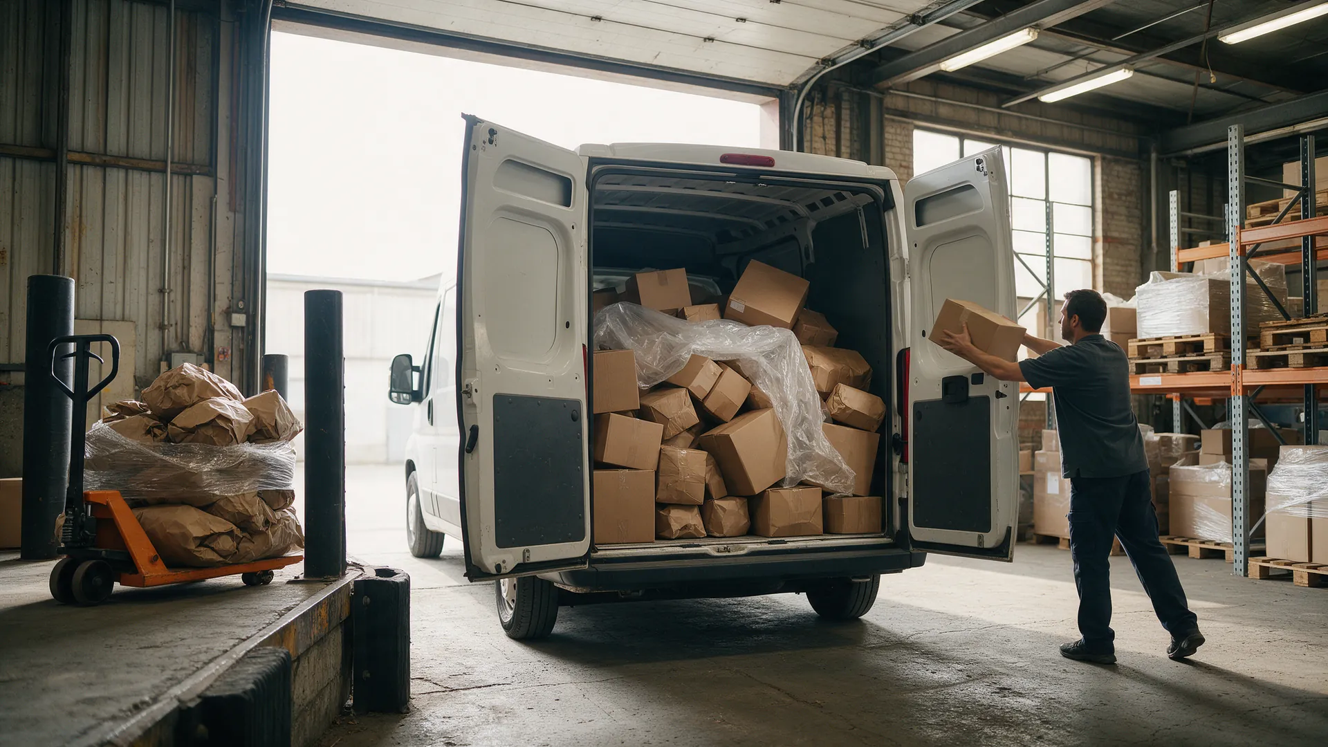 Delivery van being loaded with packages at a warehouse loading dock