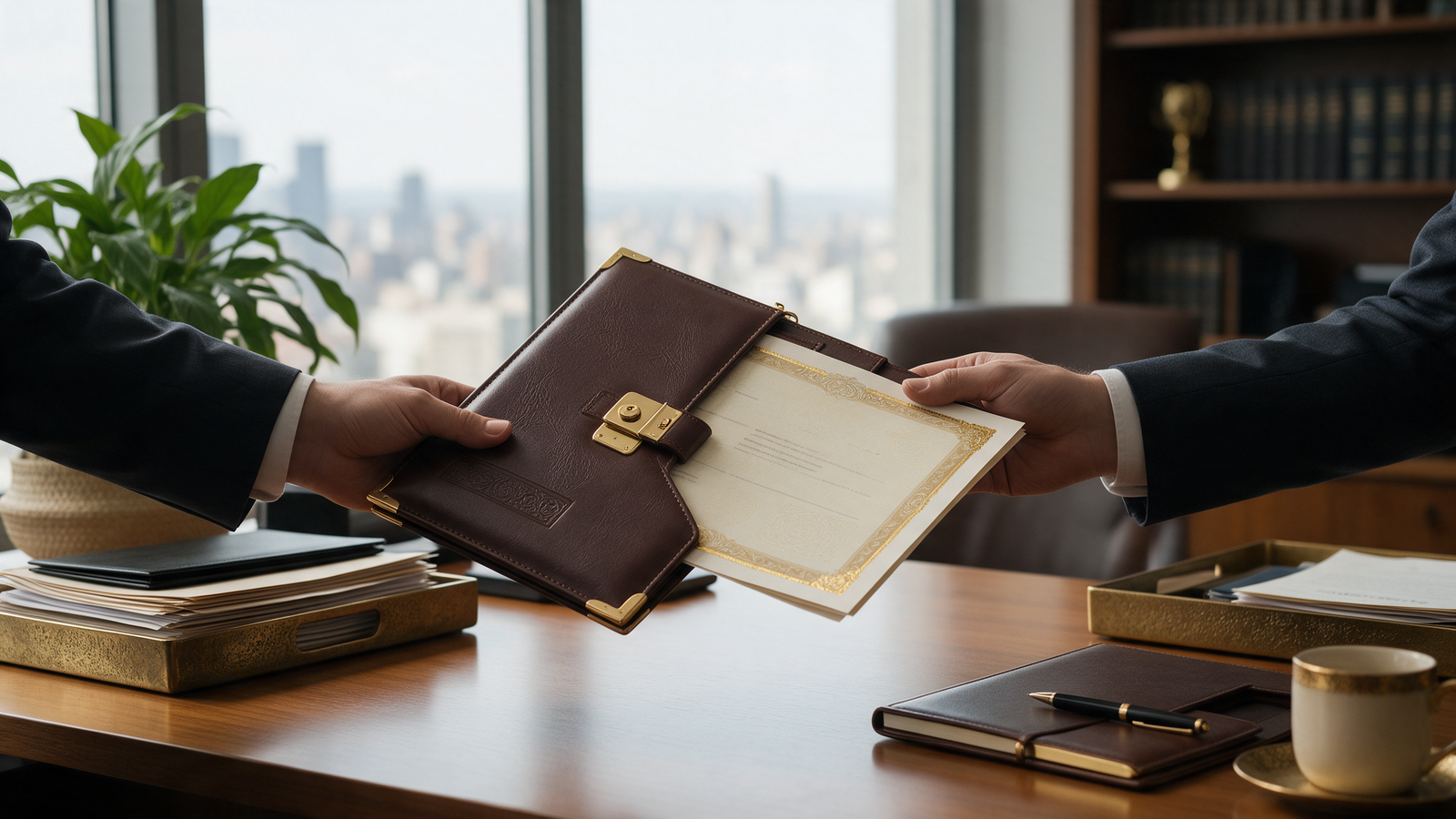 Company registration certificate document being handed from one folder to another