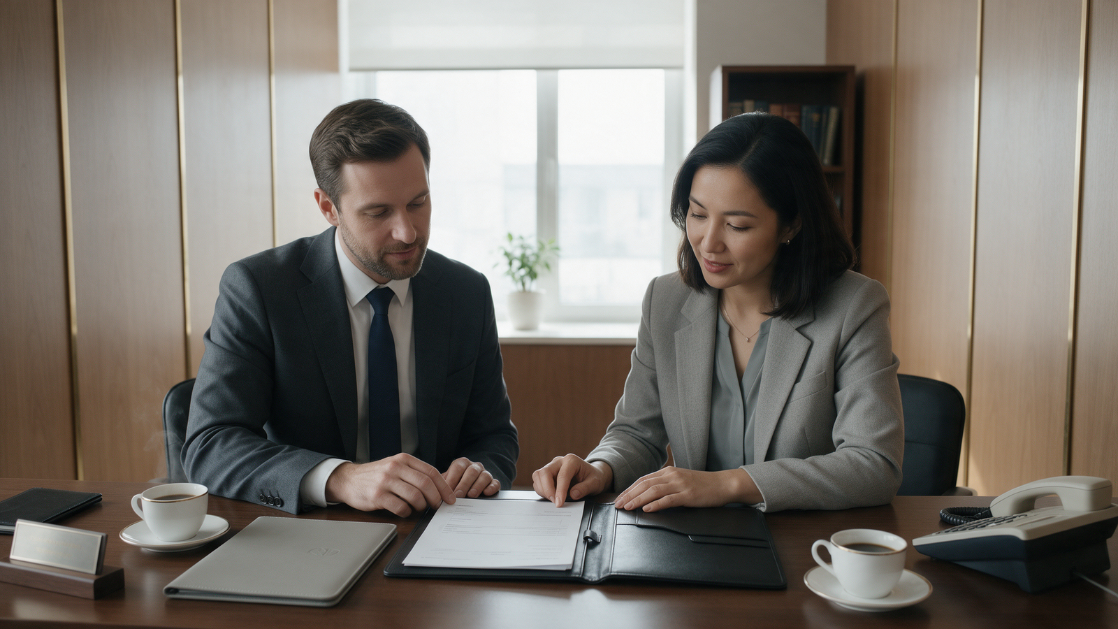Bank relationship manager reviewing transfer paperwork with a client