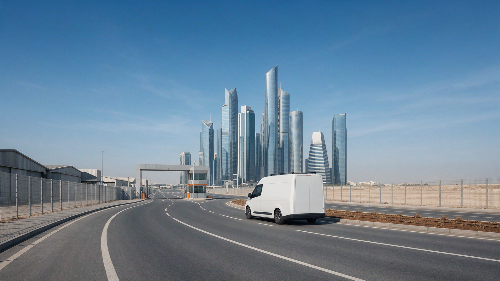 Delivery van driving from a free zone gate toward a city skyline