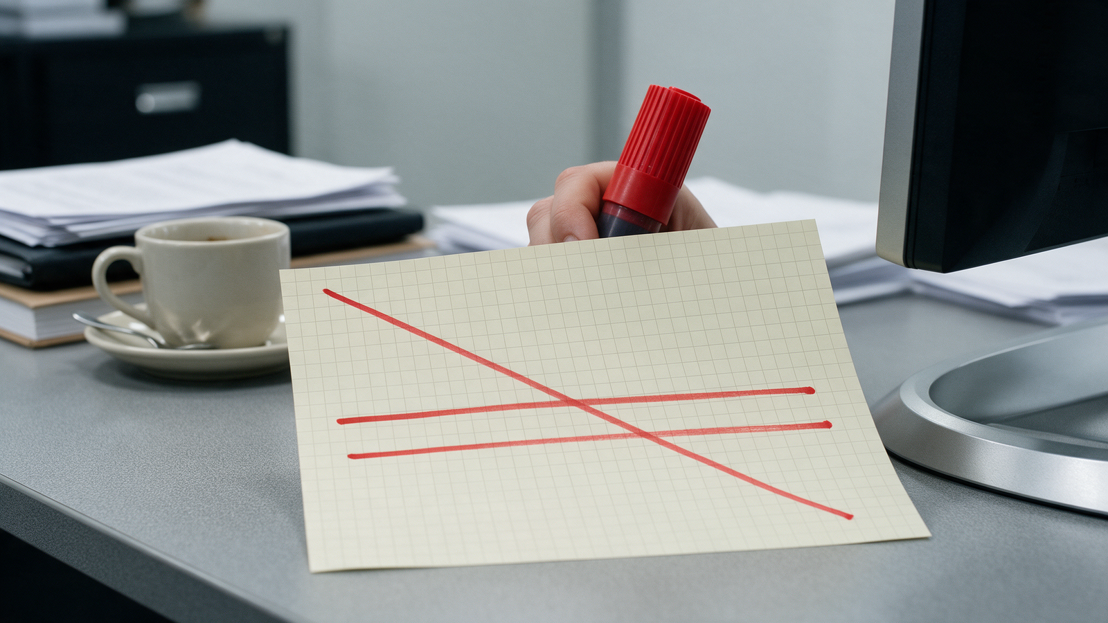 Paper document being crossed out with a red marker representing a cancelled compliance requirement