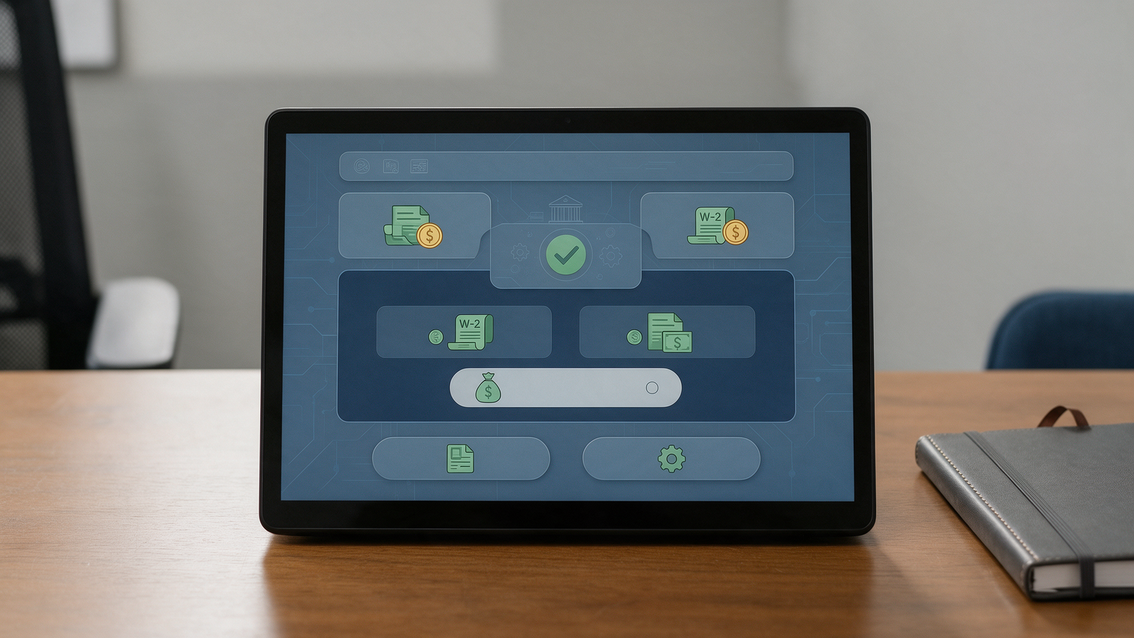 Laptop showing an abstract government tax portal interface with a green checkmark