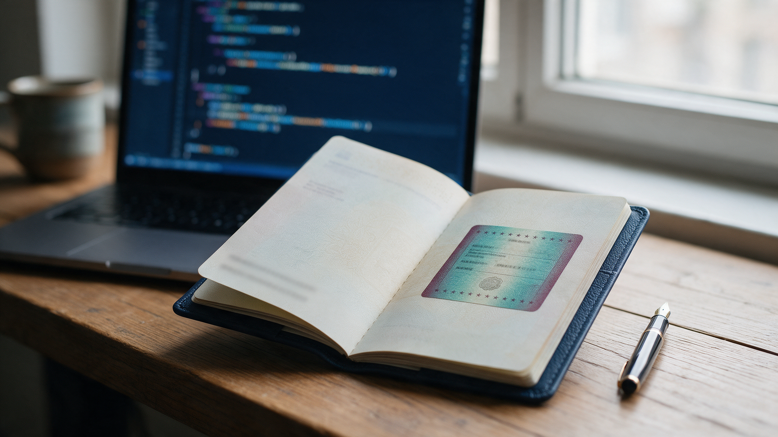 Passport with a visa stamp page open next to a laptop displaying abstract programming code