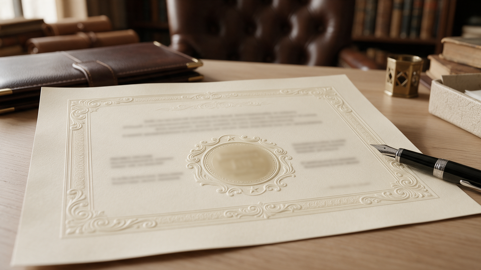 Patent certificate document with an official seal on a desk