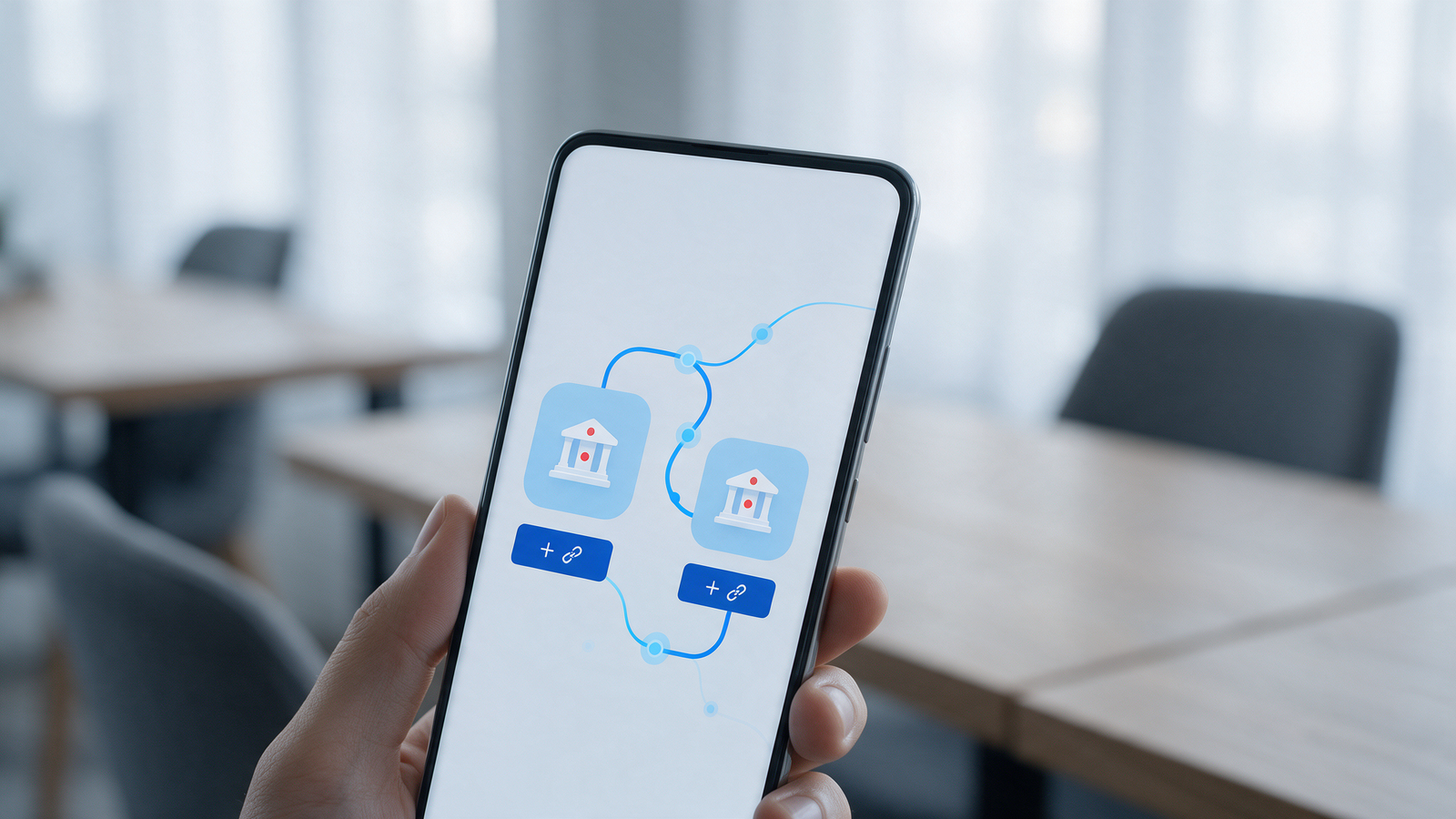 Smartphone displaying an abstract banking app interface with connected bank icons