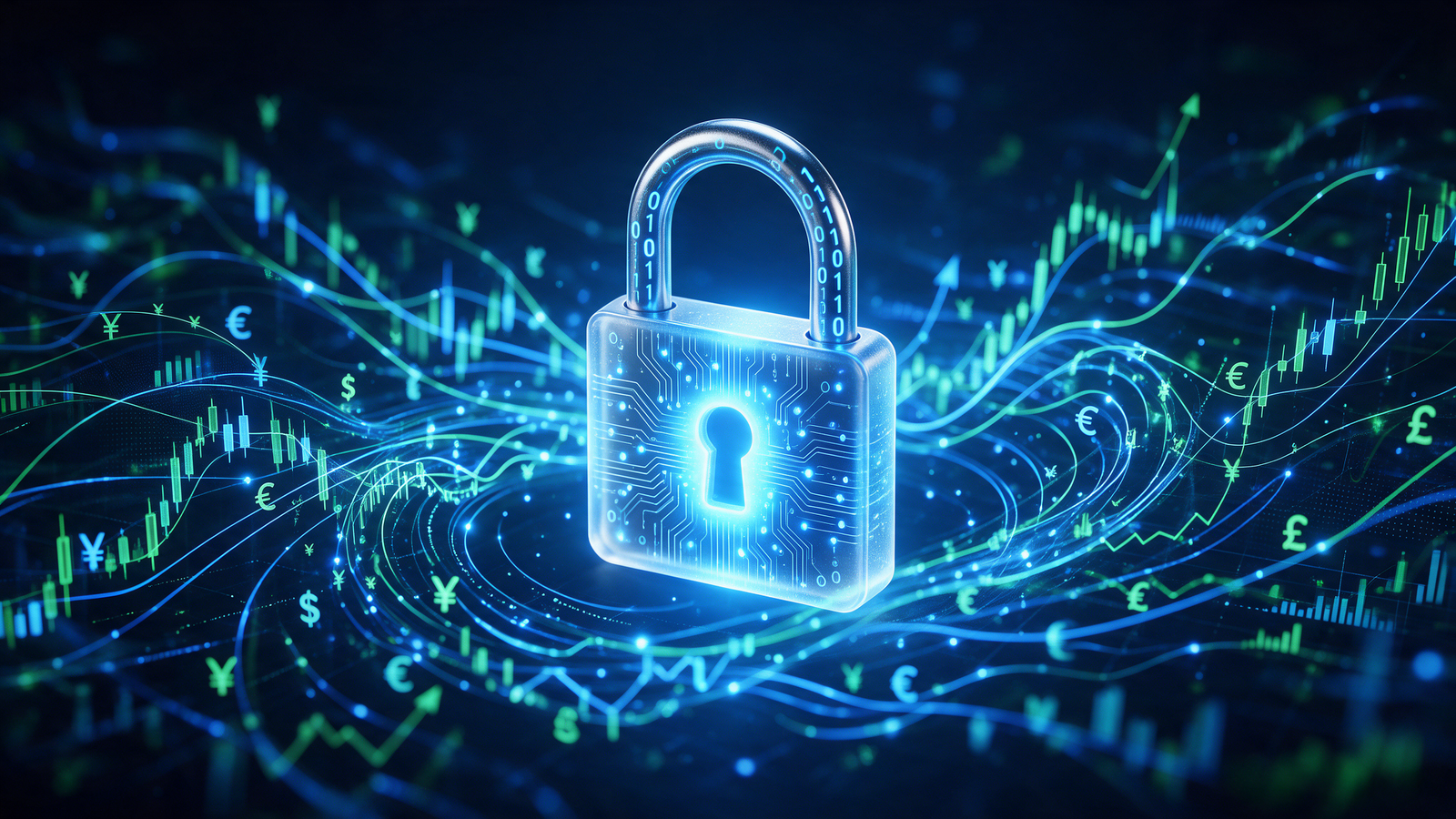 Glowing digital padlock icon over an abstract stream of financial data