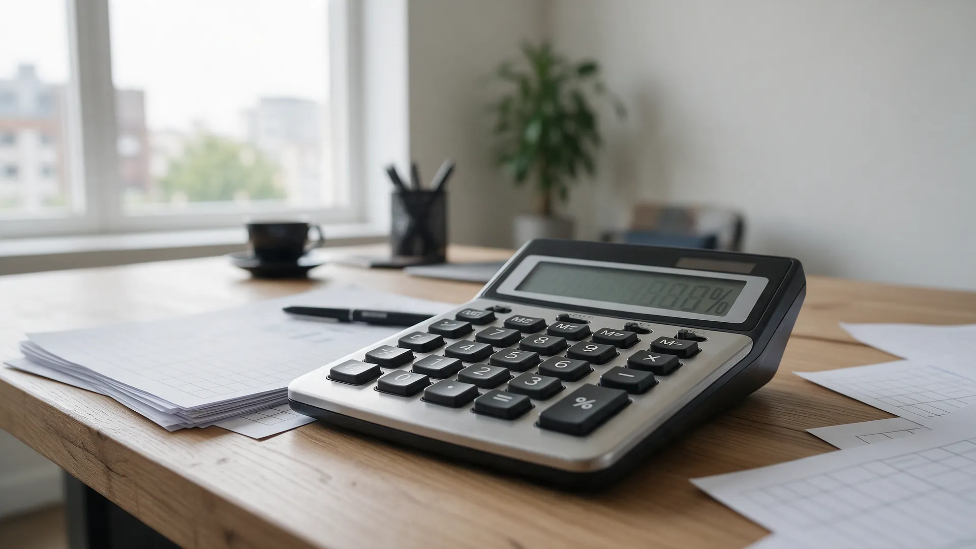 Calculator showing a percentage figure next to financial documents