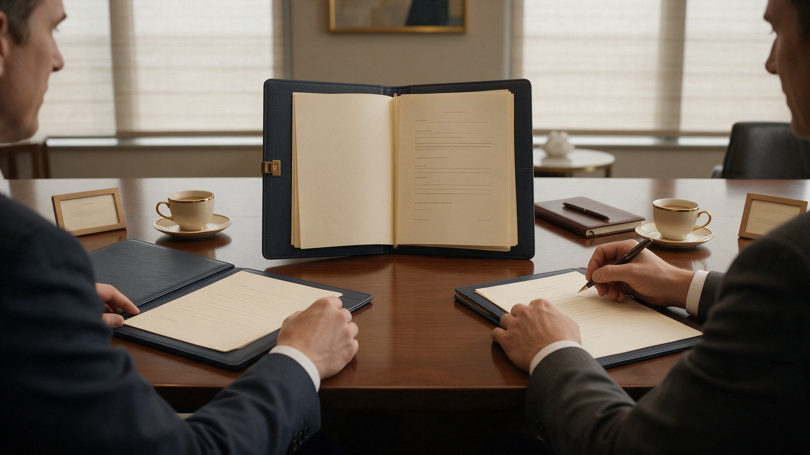 Two business partners reviewing and signing a merger contract document