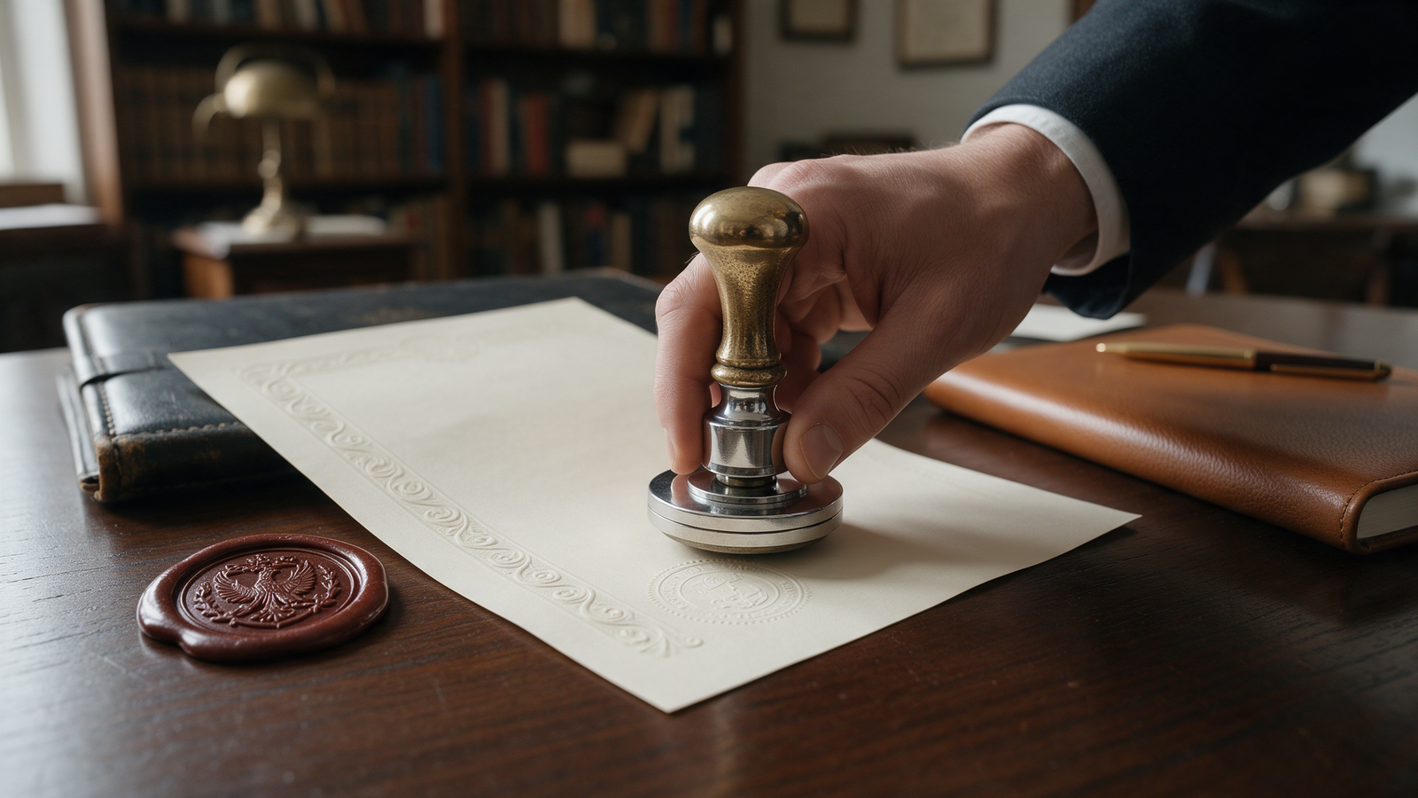 Notary stamping an official document with a wax seal nearby