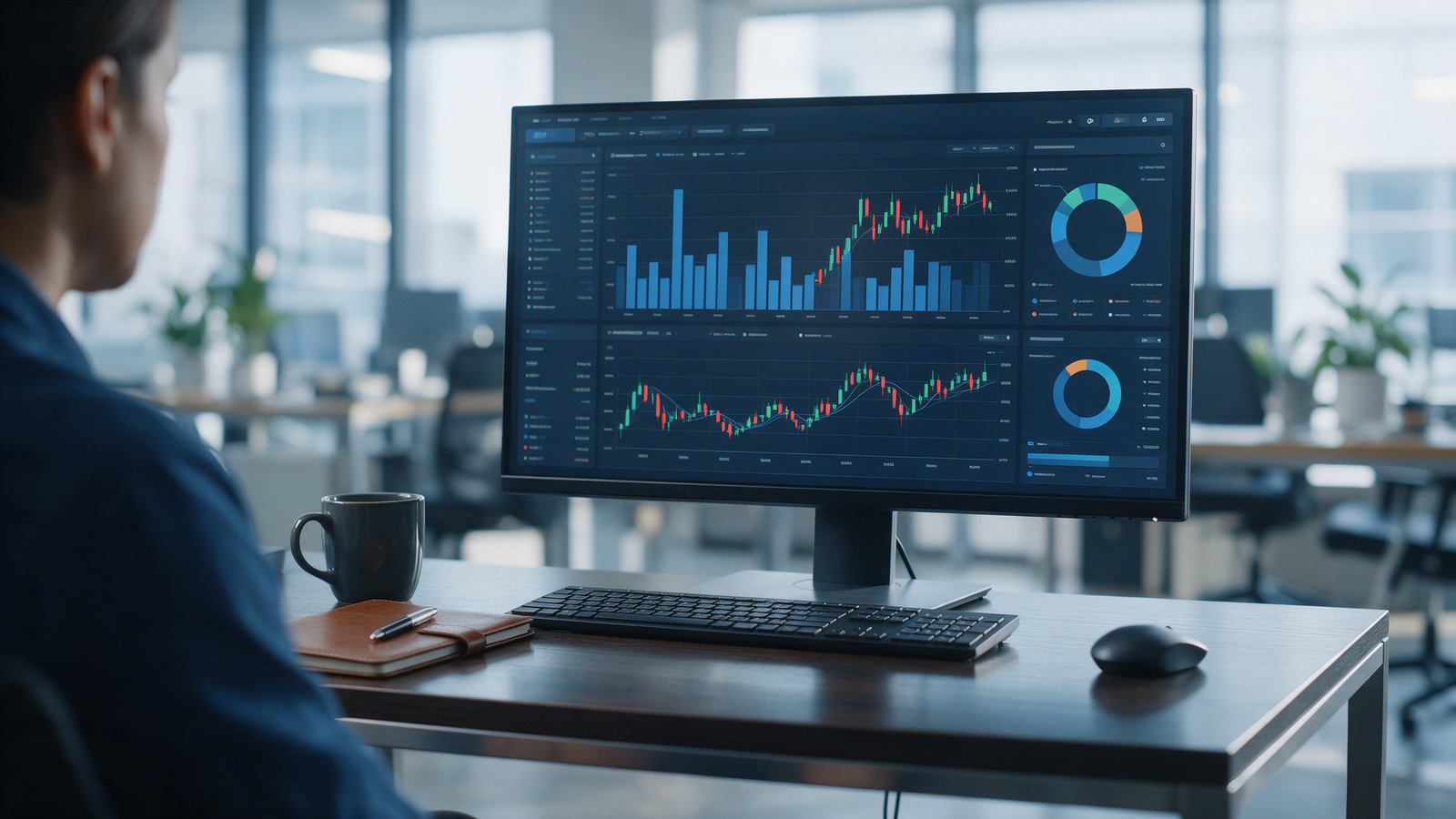 Compliance officer reviewing a cryptocurrency exchange dashboard with abstract charts