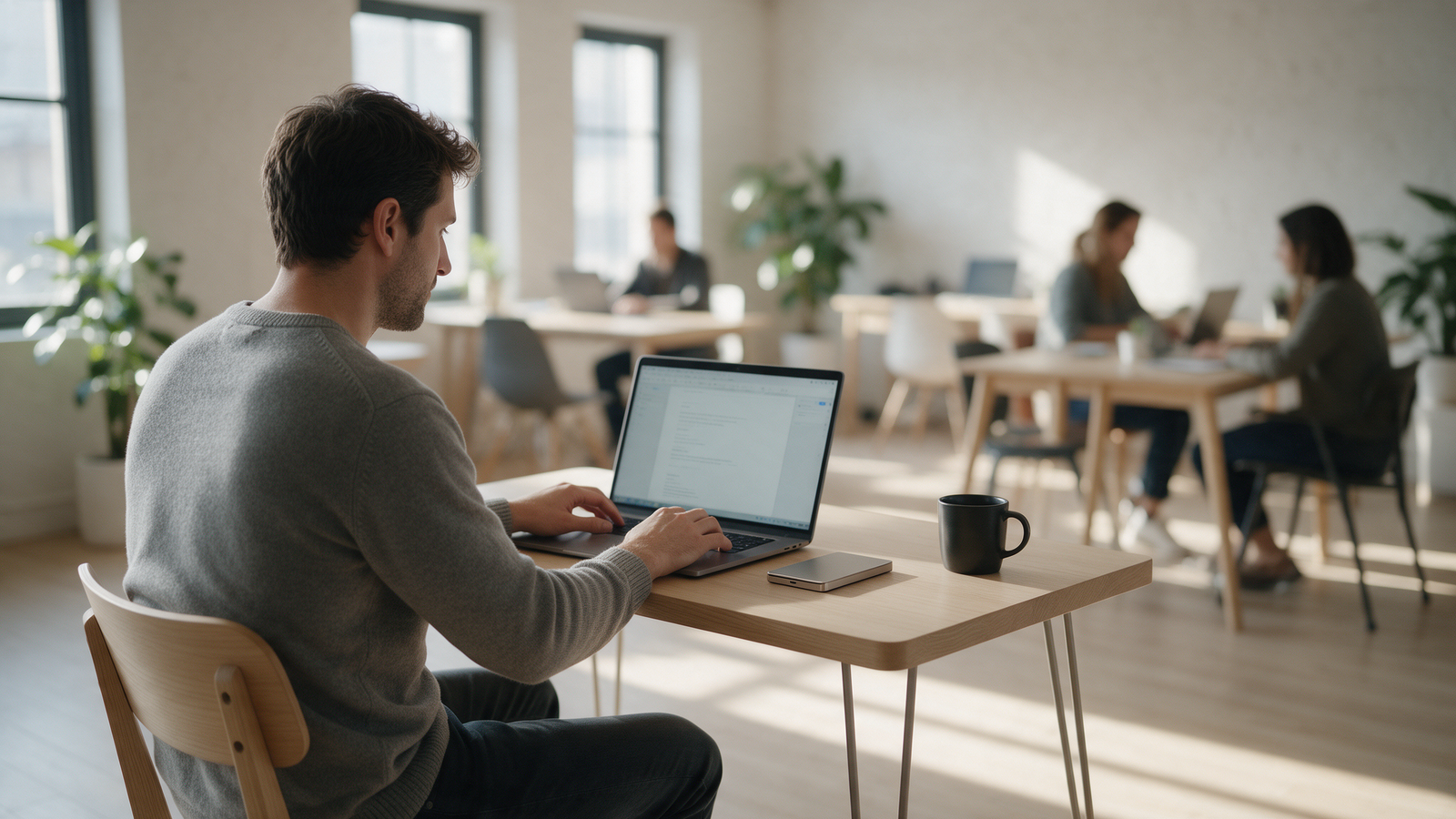 Solo entrepreneur working at a small minimalist desk with a laptop in a flexidesk space