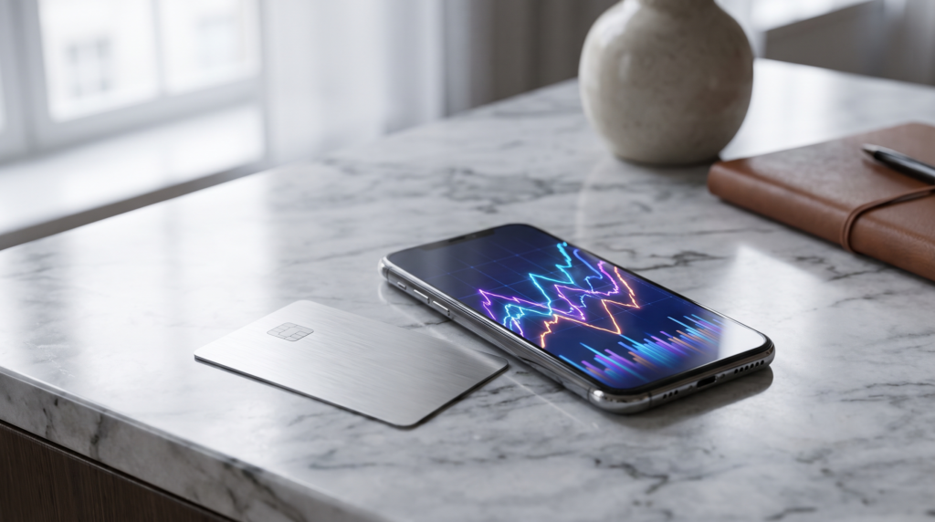 Modern bank card and a smartphone displaying an abstract digital currency graph