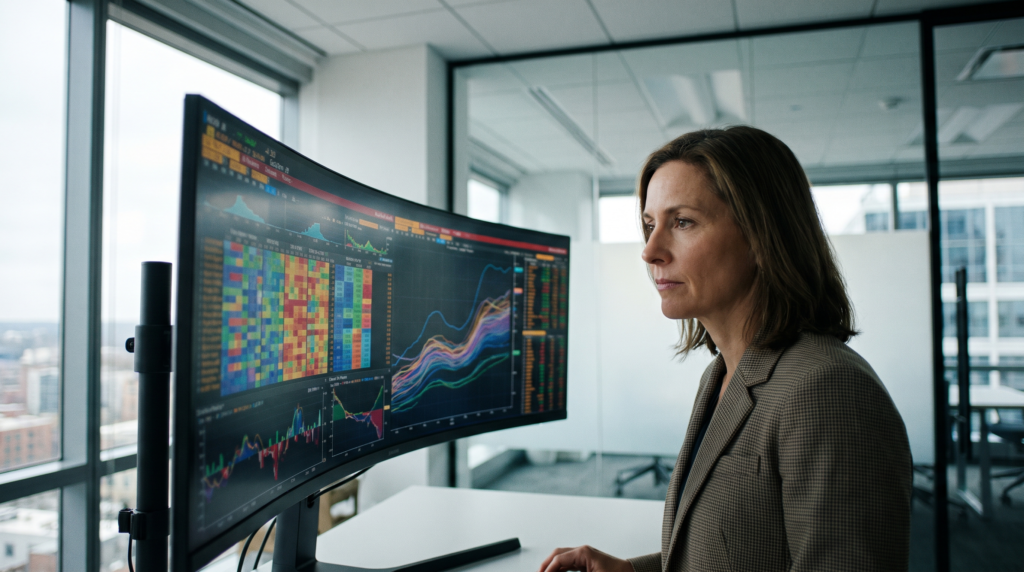 Business professional reviewing a digital dashboard with financial charts