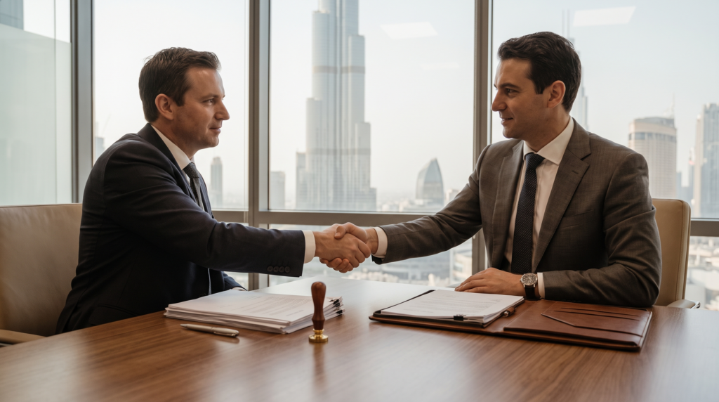 Business professionals shaking hands over corporate documents and a company seal stamp