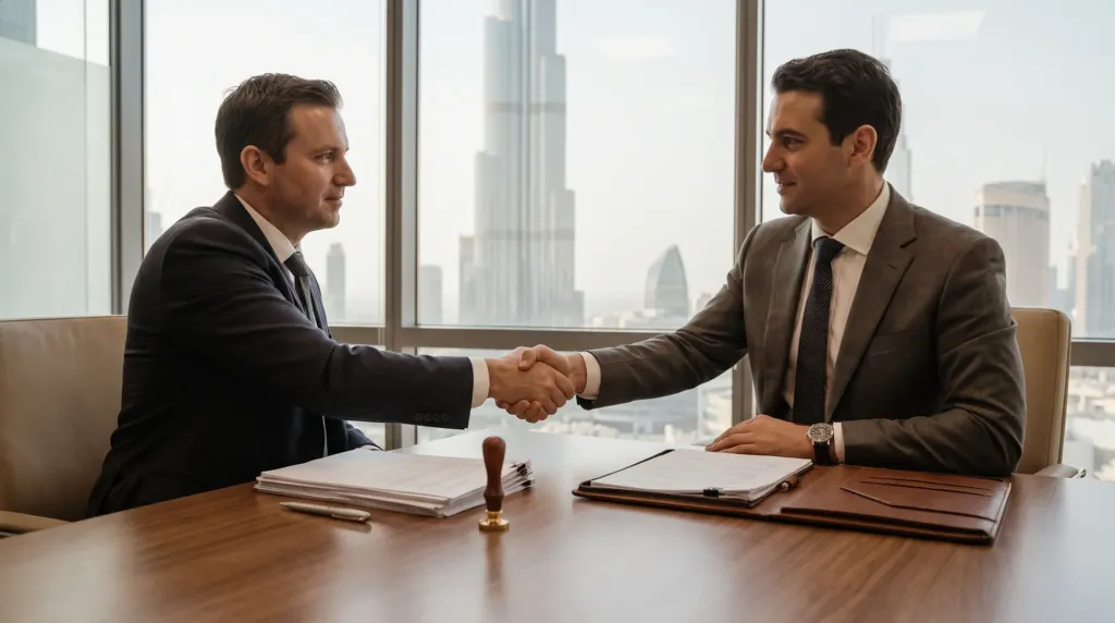Business professionals shaking hands over corporate documents and a company seal stamp