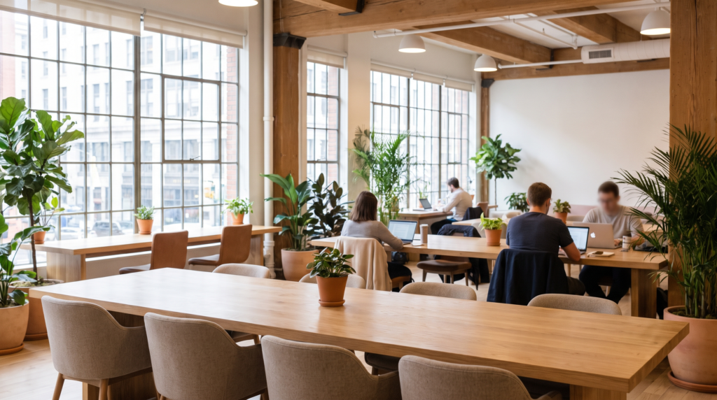 Modern flexible coworking office space interior with shared desks