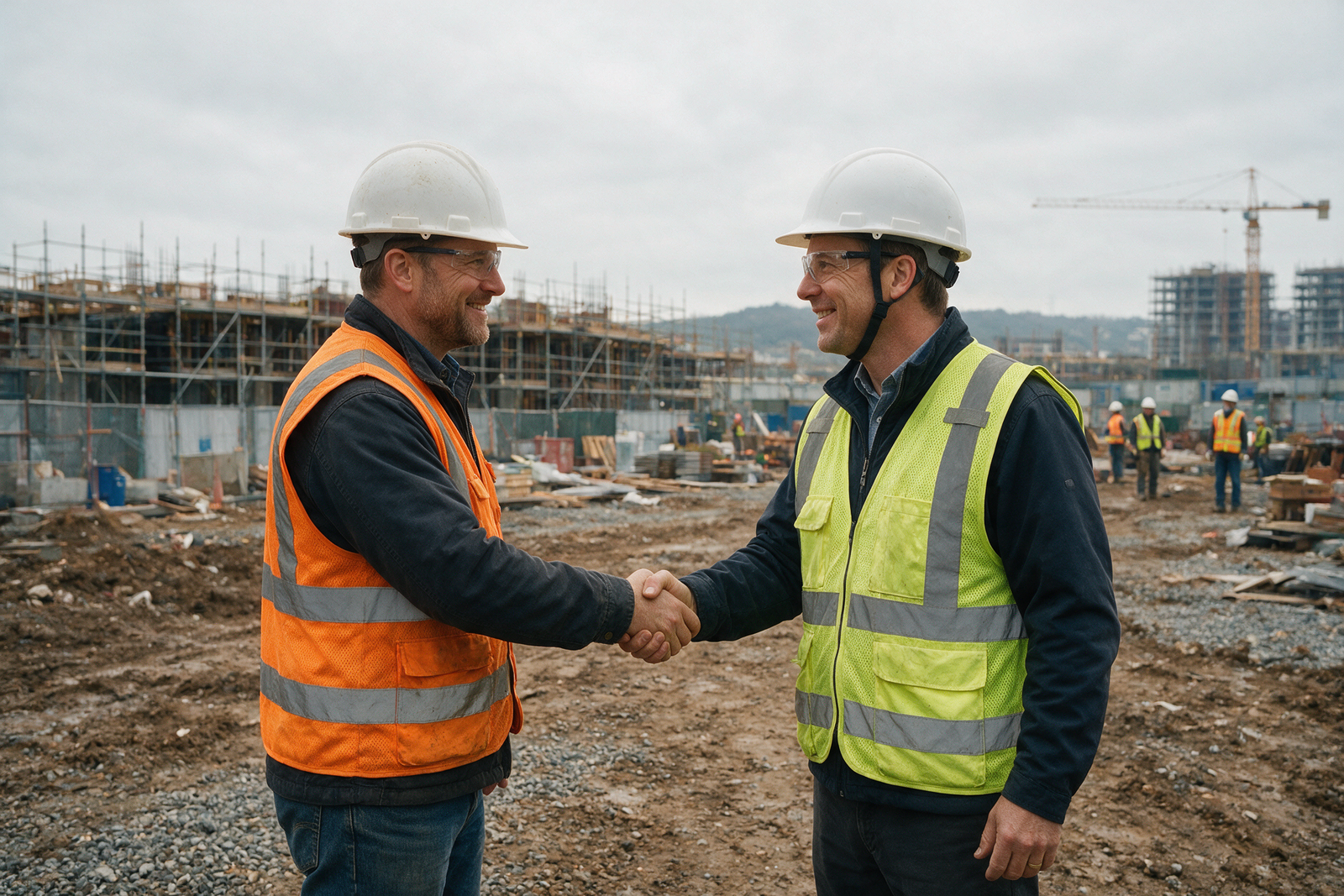 Contractor and inspector shaking hands at a Dubai construction site