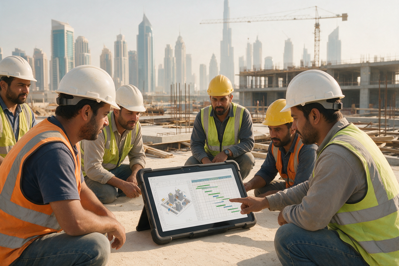 Construction workers and subcontractors reviewing a project schedule at a Dubai building site