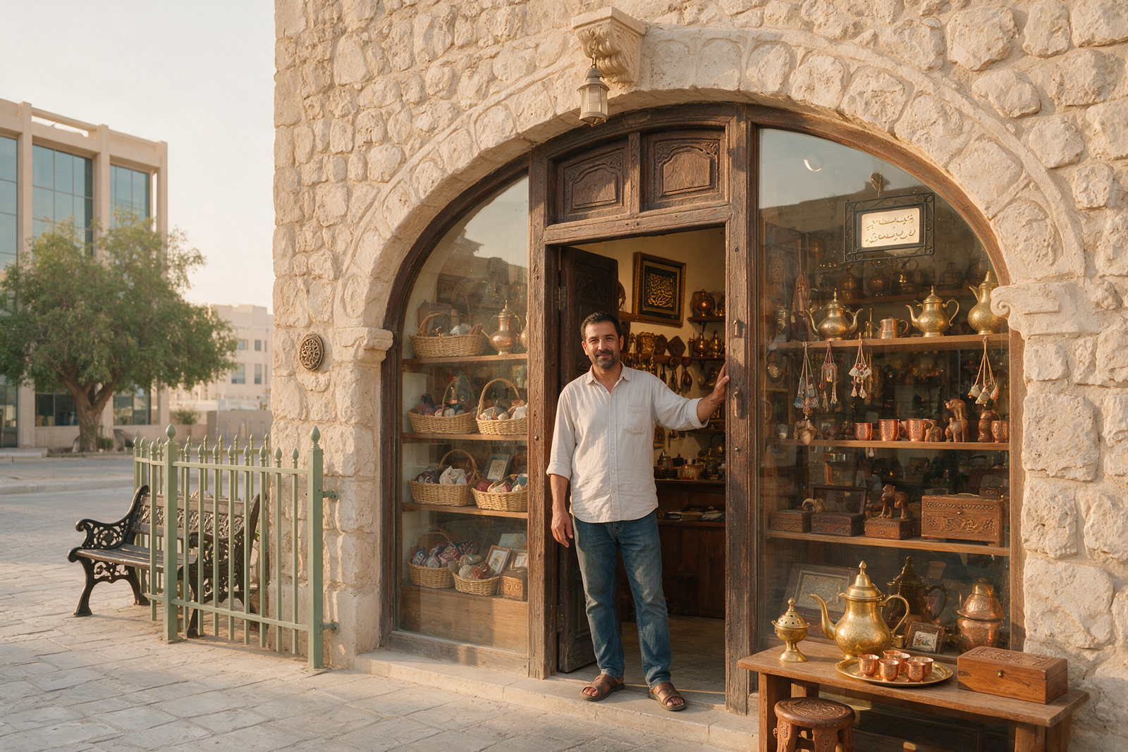 Small shop owner standing at a Dubai mainland retail storefront