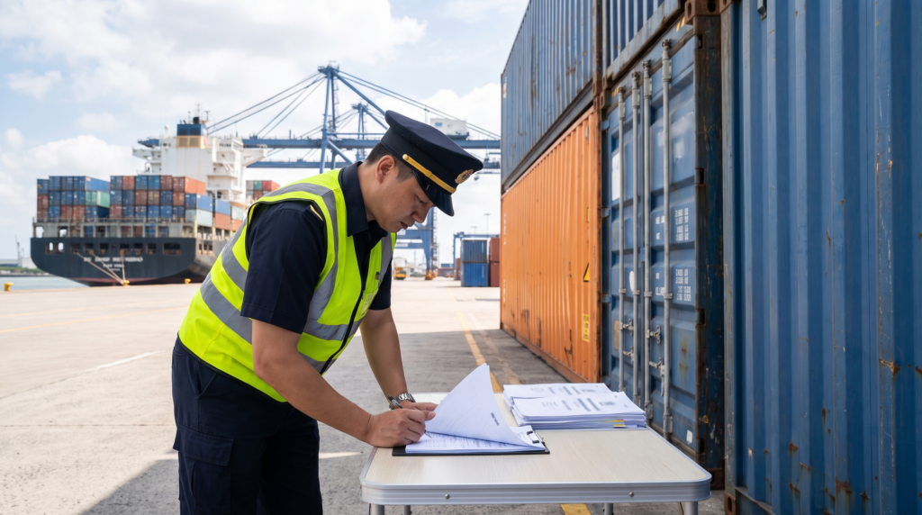 Customs officer reviewing shipping documents next to cargo containers