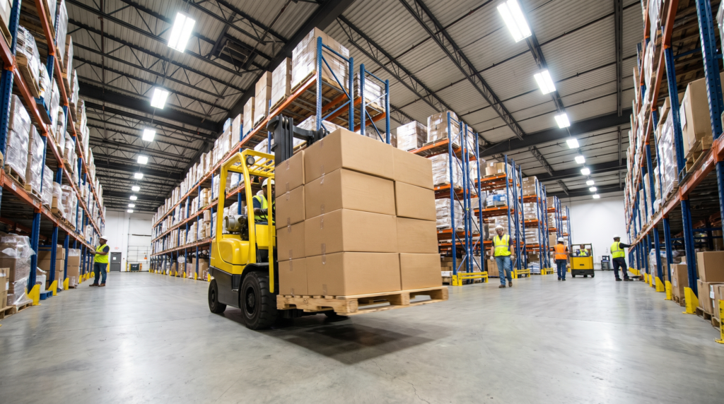 Warehouse interior with a forklift moving pallets of goods