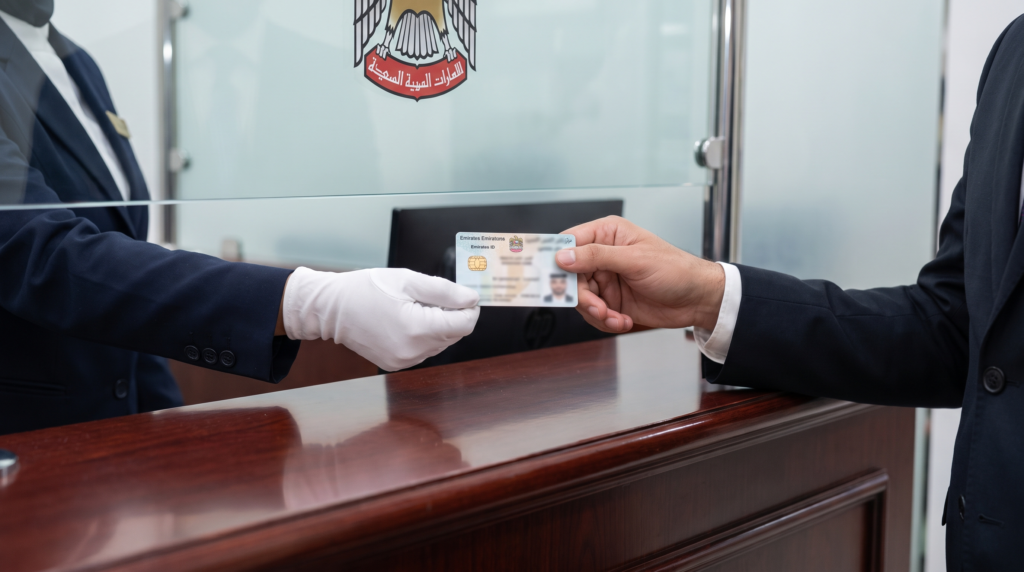 Emirates ID card being handed over at a government service counter