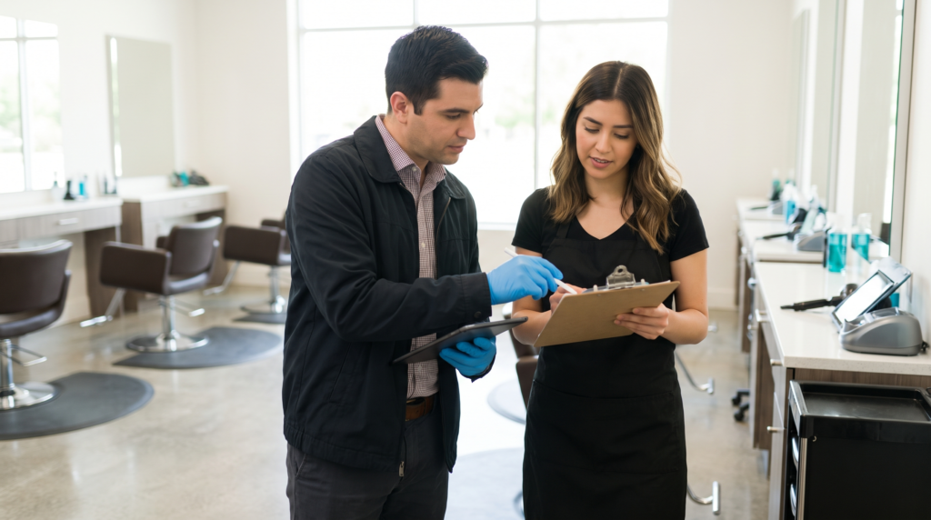 Health and hygiene inspection checklist review at a beauty salon