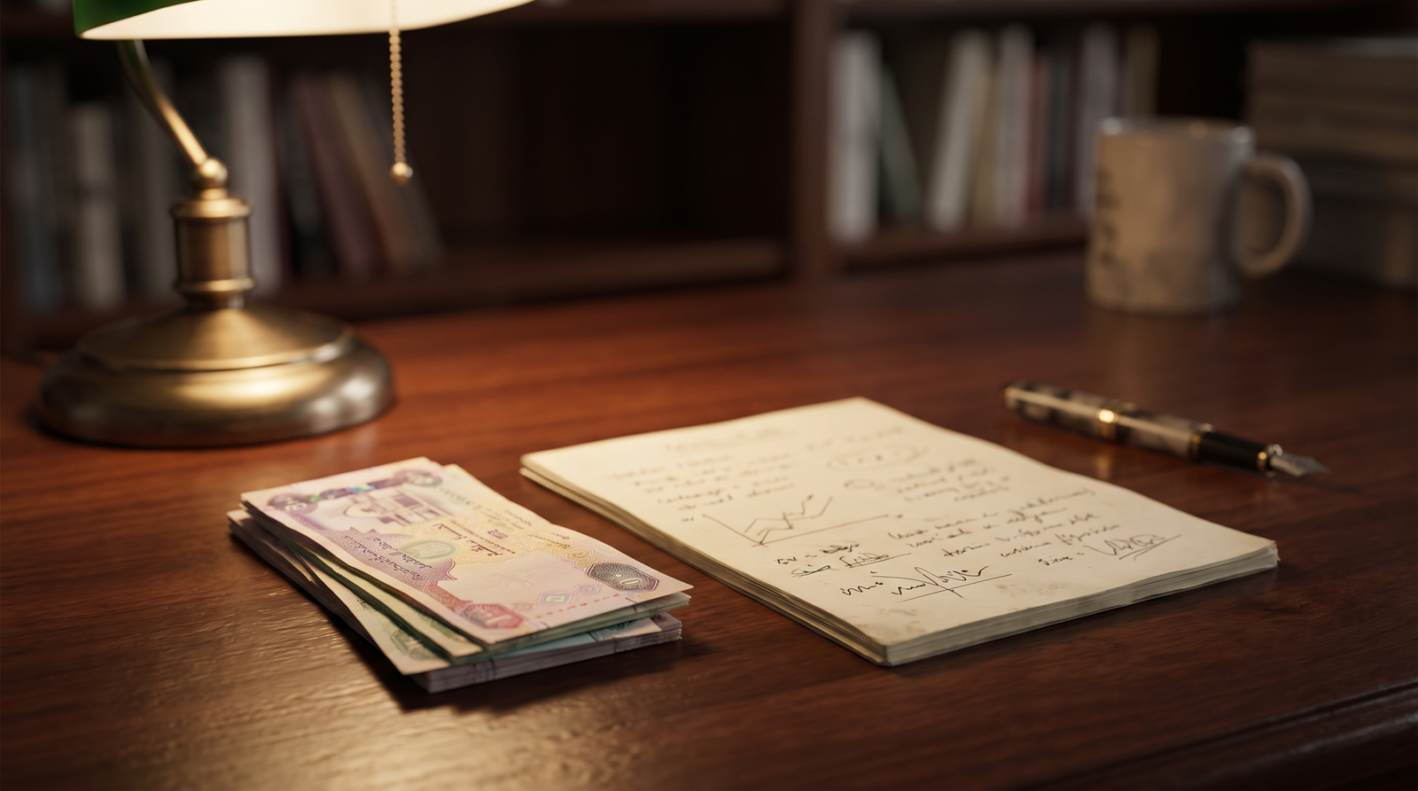 UAE dirham banknotes next to a handwritten mainland setup budget notepad