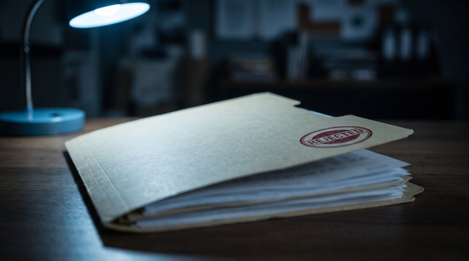 Closed corporate bank account application folder with a declined stamp