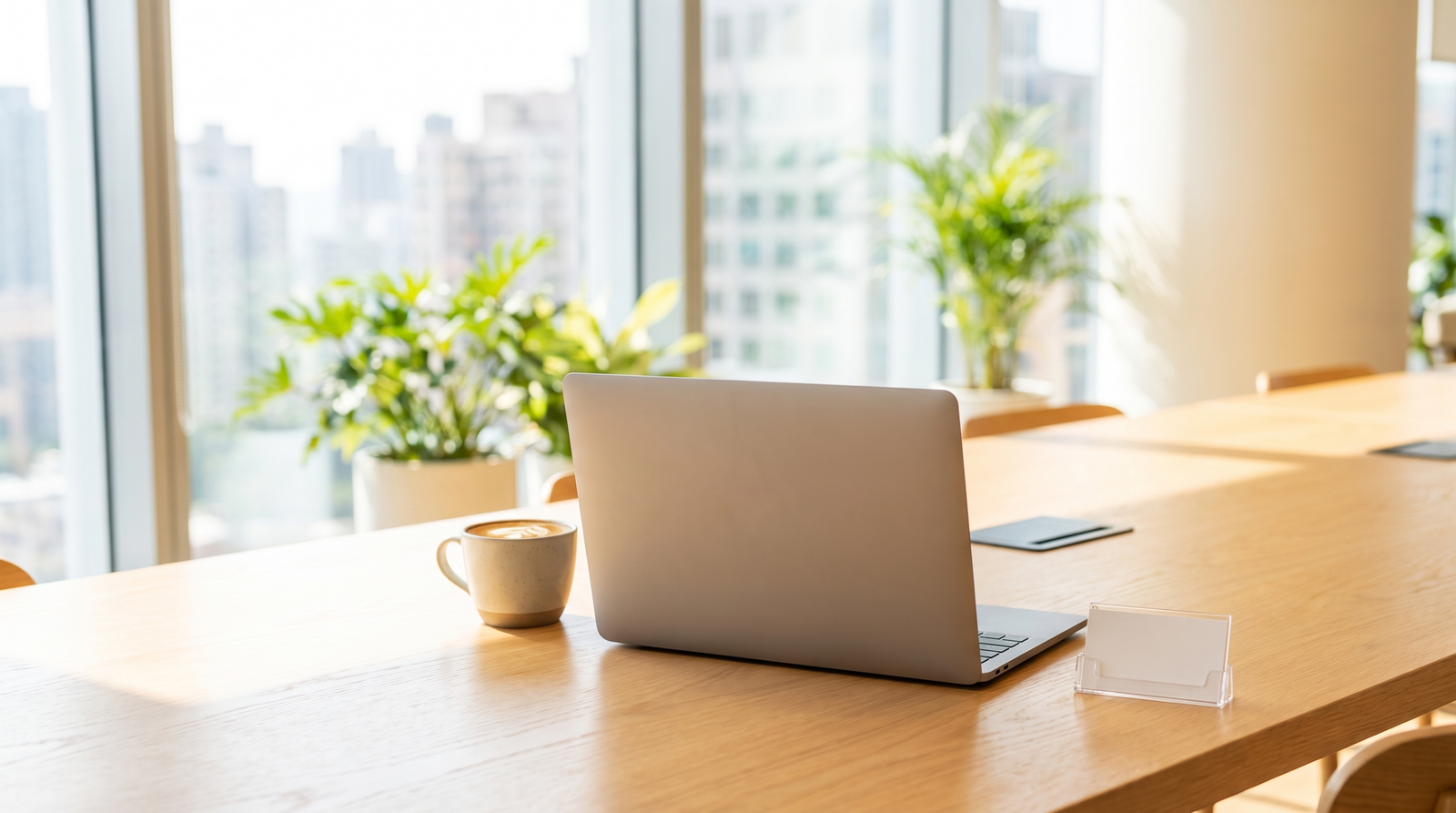 Shared flexi-desk coworking space with a laptop and coffee