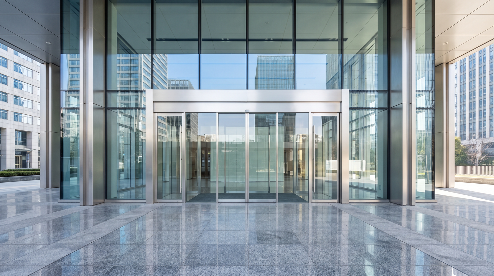 Modern bank branch entrance with glass doors