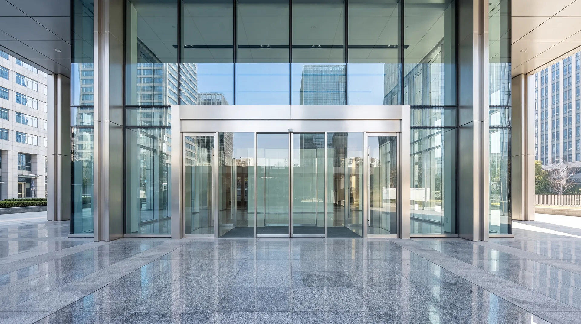 Modern bank branch entrance with glass doors