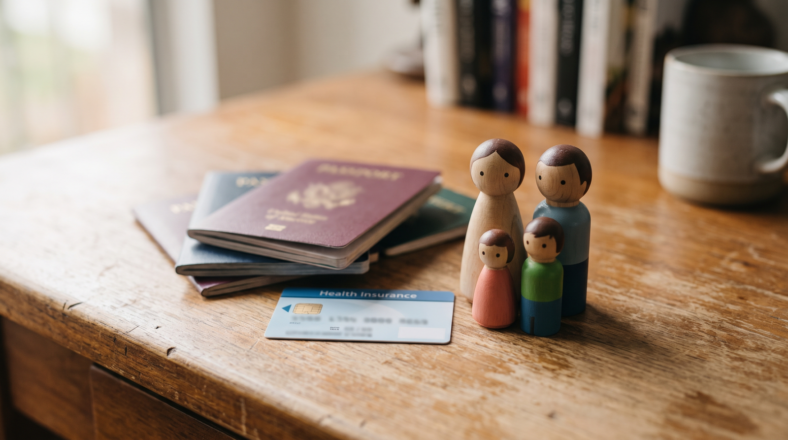 Family visa application documents and passports on a desk