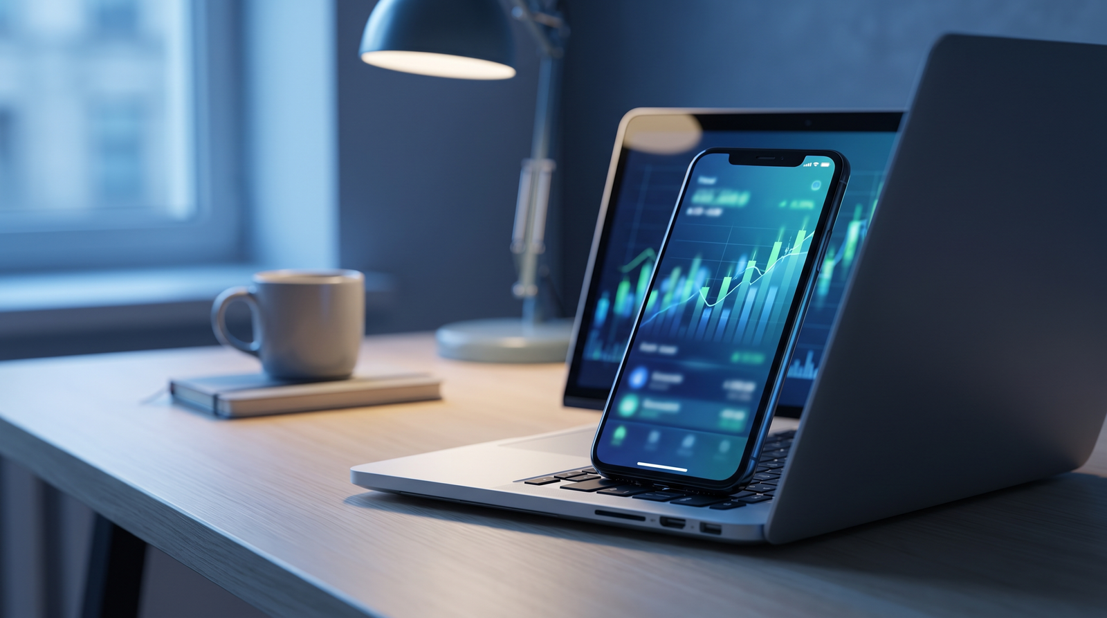 Business debit cards and a smartphone banking app on a desk