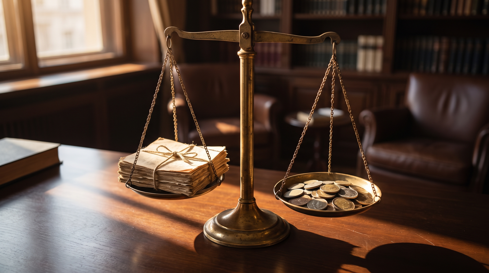 Balance scale weighing paperwork against cost, symbolizing bank choice trade-offs