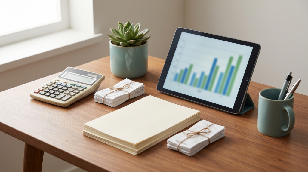 Accountant desk with calculator, invoices and a tablet showing a bar chart, representing bookkeeping and audit costs