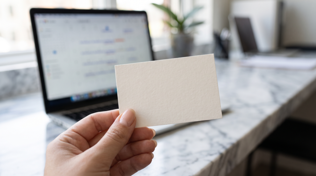 Hand holding a blank ID card beside a laptop open to a calendar app, representing visa renewal admin
