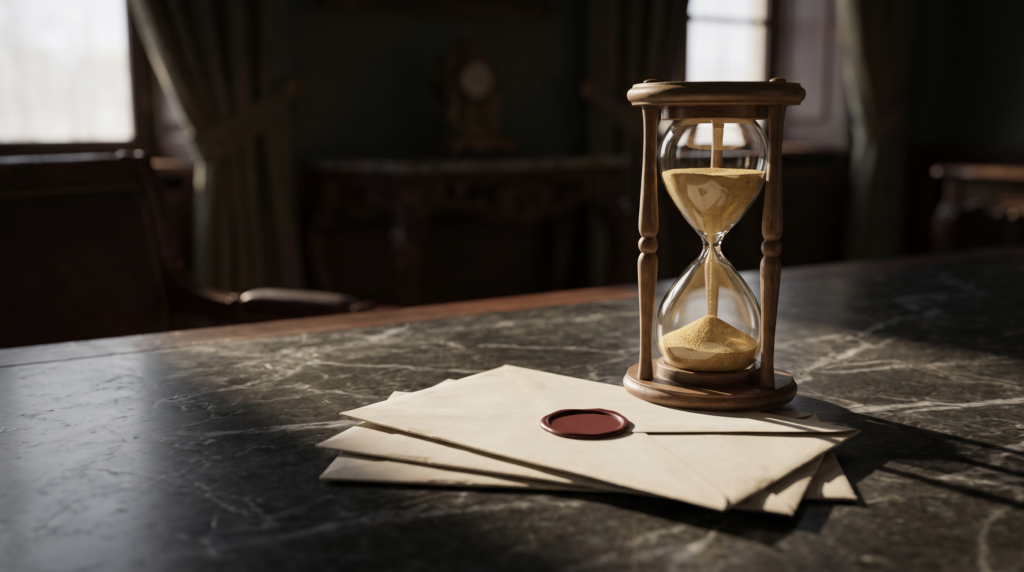 Hourglass with sand falling beside sealed envelopes, representing a passed filing deadline