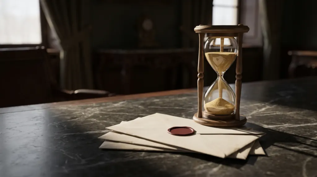 Hourglass with sand falling beside sealed envelopes, representing a passed filing deadline